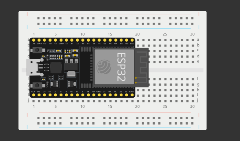 把 ESP32 兩邊的針腳插在麵包板的兩邊,這樣電路才不會相連。 esp32 on breadboard