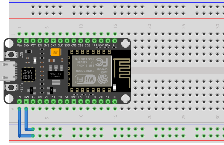 從 ESP32 把線接出來,電源(3V3)通常會接到 `+` 的直條(紅色)、接地就接到 `-` 那條(黑色)。 esp32 on breadboard with wires