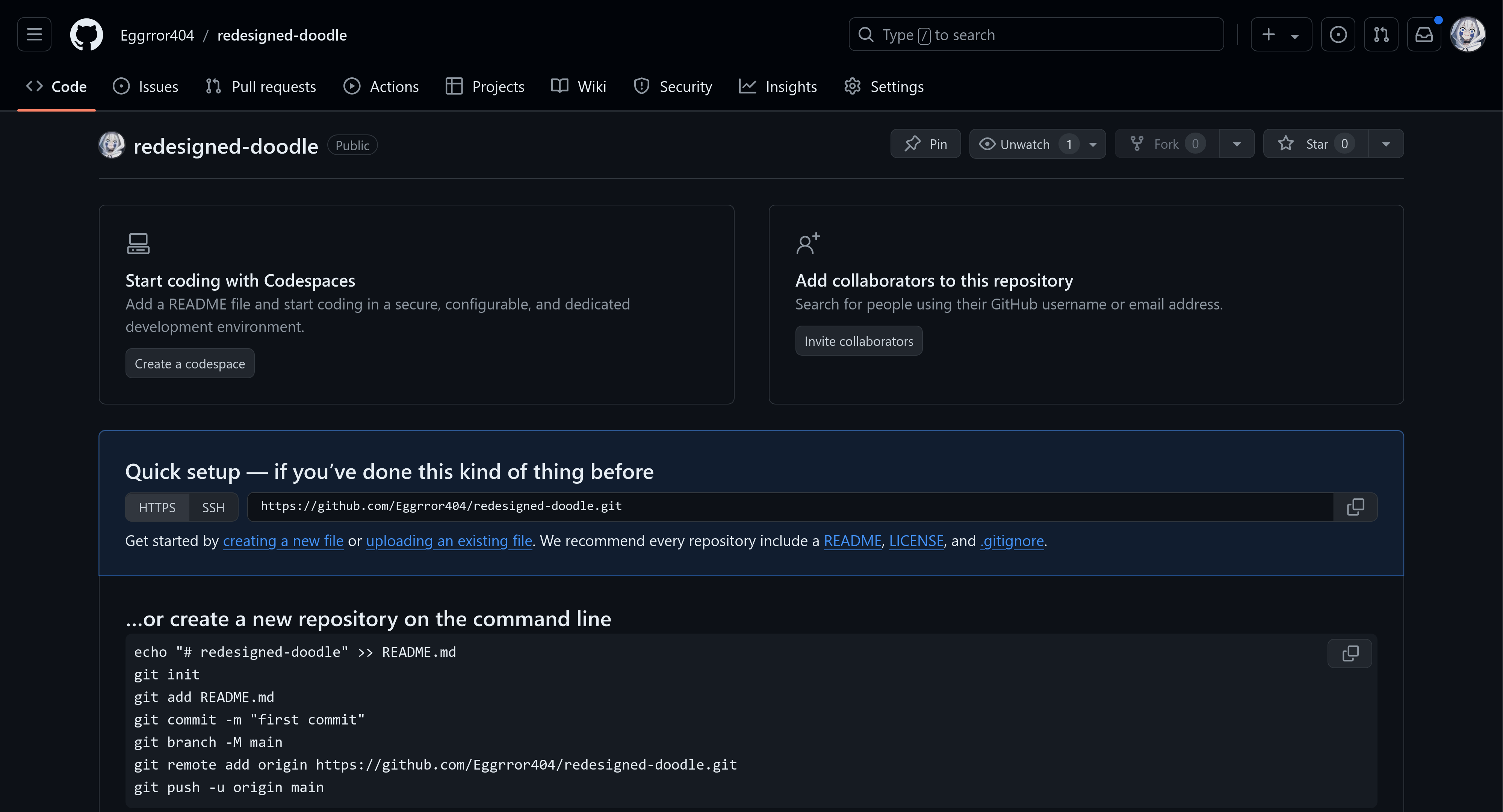 新 repo 建立後的畫面。 github create repo
