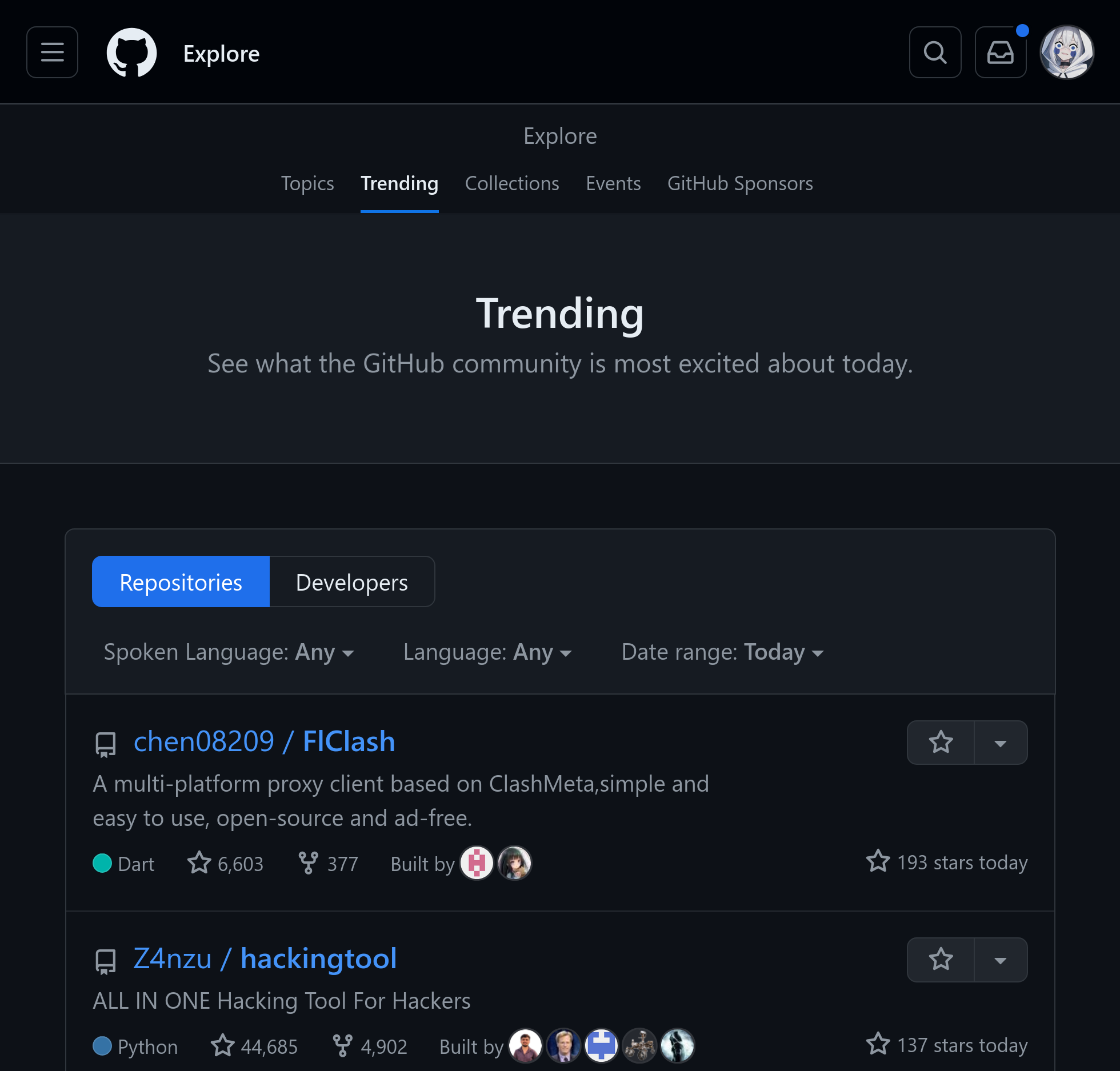 你甚至可以發現 GitHub 的發燒榜,上面列著現在熱門的項目。 github trending
